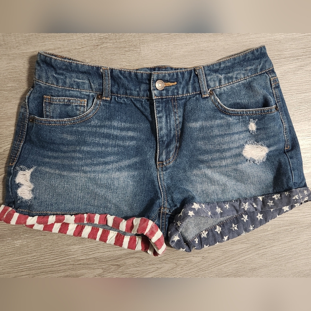 Mossimo Supply Co. Denim Shorts with American Flag Accents, Size 10